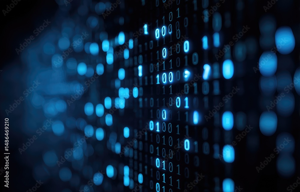 Poster Blue glowing binary code scrolling across a dark background, representing data encryption and digital systems. Great for cybersecurity, cloud, and IT-themed projects