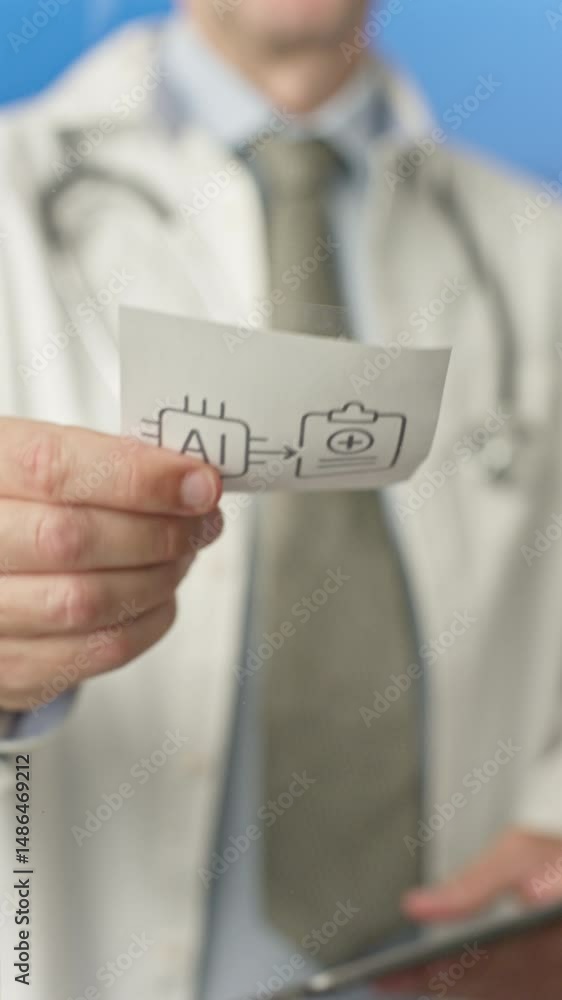 Poster doctor interacting with tablet while holding transparent board displaying ai diagnostics icon, symbo