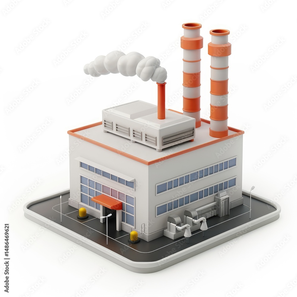 Poster 3d model of a simple factory building on a white background.
