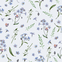 Seamless pattern with scattered randomly forget-me-not flowers. Abstract artistic wild floral print on blue isolated background. Watercolor hand drawing sketch. Design for fabric, textiles, packaging