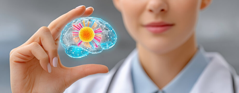 Medical professional holding a brain model with a virus inside, focused view
