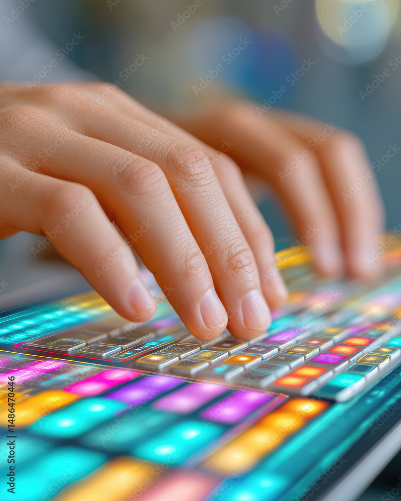 Poster close-up view of hands typing on a keyboard with colorful, glowing keys