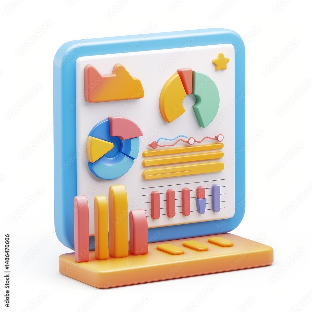 Poster colorful graphic representation of data analysis on a stylized display.