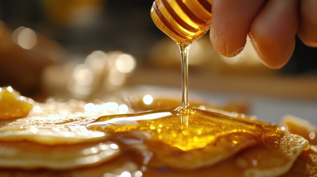 Honey being poured over a stack of pancakes.
