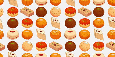 seamless indian sweets pattern on white background – traditional mithai dessert icons vector for textile, packaging, diwali greeting, wrapping and fabric design