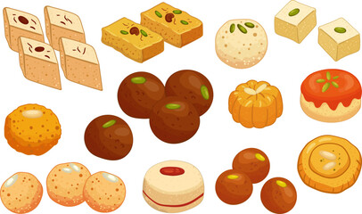 indian sweets vector set for diwali celebration – isolated traditional mithai desserts for festival food design, greeting cards, packaging, web, posters