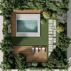 A pool is surrounded by trees and a patio