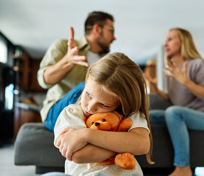 child family sad parent mother conflict father problem girl arguing divorce home fight unhappy sadness fighting covering ears - Powered by Adobe
