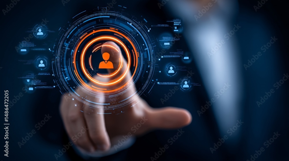Poster identity management system - person using a futuristic interface to manage identities, emphasizing s