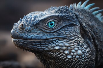 Fototapeta premium Iguana Portrait: Scales, Eye, and Texture - Close-up of an iguana's head, showcasing intricate scales, vibrant blue eye, powerful jawline, and textured skin. Symbolising: strength, nature, beauty