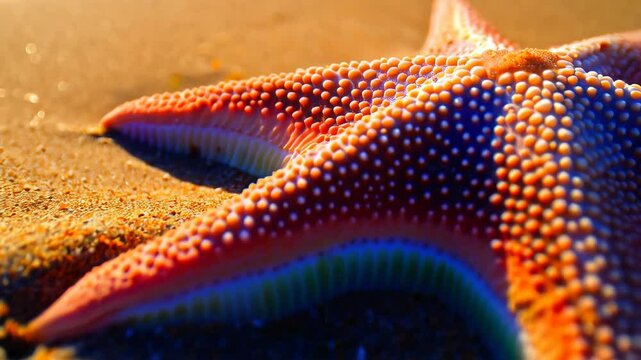 Vibrant starfish lying on a sandy shore at the beach, a marine life, shallow focus, sunlight, ocean, summer mood