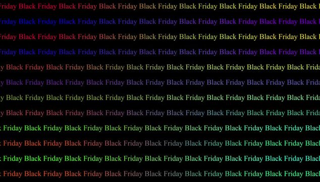 Black Friday animation with scrolling text on black background, promotion and sale loop 4k animation.