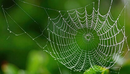 Delicate spiderweb adorned with glistening dew drops against verdant backdrop