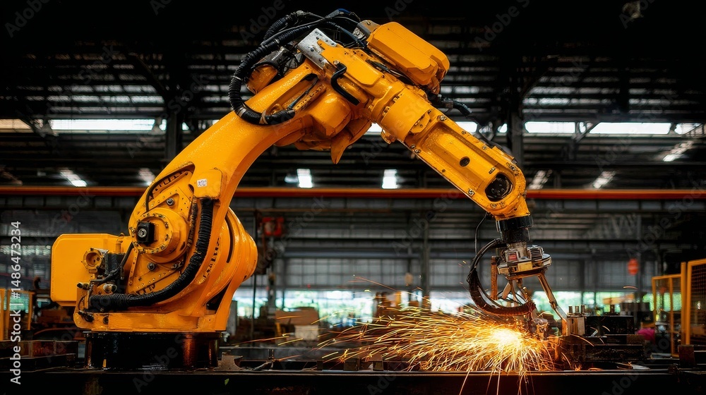 Poster industrial robotic arm welding sparks in factory - a powerful industrial robotic arm performs precis