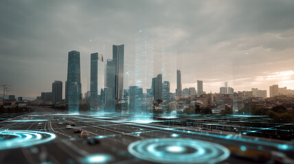 Futuristic city skyline with digital highway and glowing data visualization over a modern metropolis, showcasing innovation.