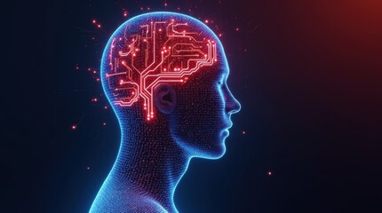 Obraz premium Abstract technological representation of human mind with glowing circuit patterns. Head silhouette containing illuminated data pathways symbolizing artificial intelligence processing.