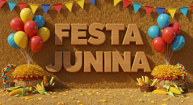 Letreiro Festa Junina em madeira: Bal&otilde;es Coloridos, Milho e Decora&ccedil;&otilde;es Festivas em Cen&aacute;rio R&uacute;stico de palha