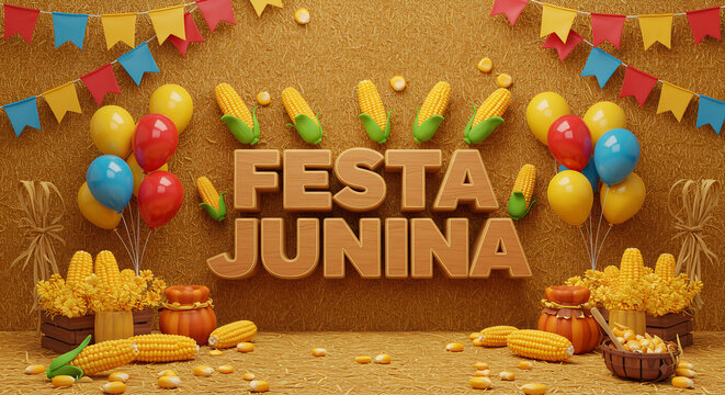 Letreiro Festa Junina em madeira: Bal&otilde;es Coloridos, Milho e Decora&ccedil;&otilde;es Festivas em Cen&aacute;rio R&uacute;stico de palha