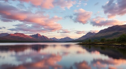 Fototapeta premium Tranquil Lake Sunset with Mountain Reflection – Peaceful Nature Landscape 