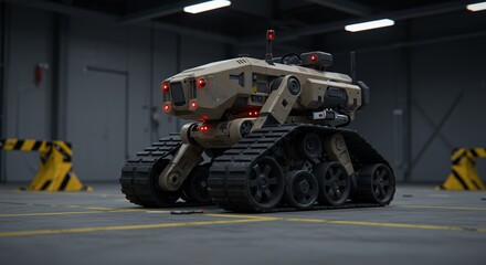 Advanced Robotic Scout in Warehouse Environment Showcasing Technological Prowess