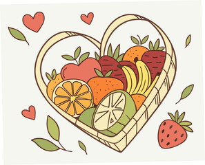 Heart-shaped fruit basket filled with colorful fresh fruits