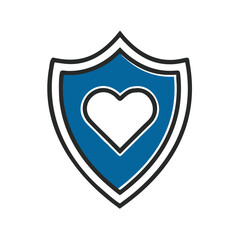 Shield with heart symbol in blue and black outline design  