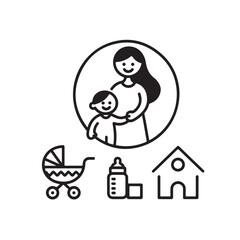 Family Icon Set Vector Black Silhouettes of Parents Children Strollers Bottles Toys and Home Life Symbols