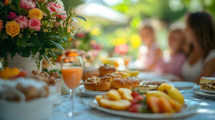 A family enjoying a garden brunch with a table set with fresh fruit, pastries, and a floral centerpiece