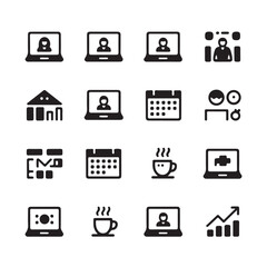 Remote Work Icon Set Vector Black Silhouettes of Laptops Video Calls Calendars Coworking Coffee and Productivity Symbols