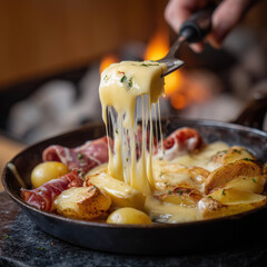 French raclette with melting cheese being scraped over potatoes and charcuterie