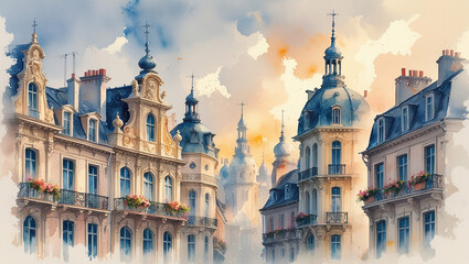 Obraz premium Watercolor Cityscape Illustration of European Architecture