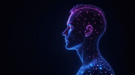Obraz premium Glowing technological profile of human head with neon circuit patterns. Side view silhouette showing neural network connections representing AI and digital mind.