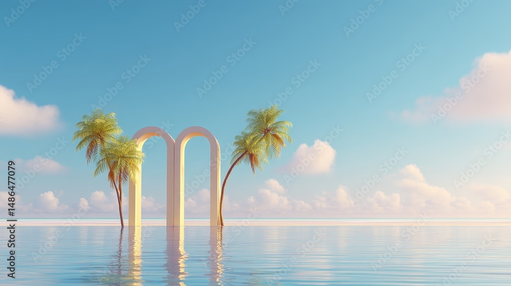 Poster minimalist ocean archway with palms - tranquil scene of minimalist arches amidst palm trees in calm 