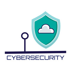 Modern illustration representing Cyber Security in the cloud. The word CYBERSECURITY. The image visually conveys the security of digital information and cloud systems.Vector illustration.