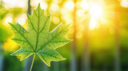 Single green maple leaf with water droplets, illuminated by the sun