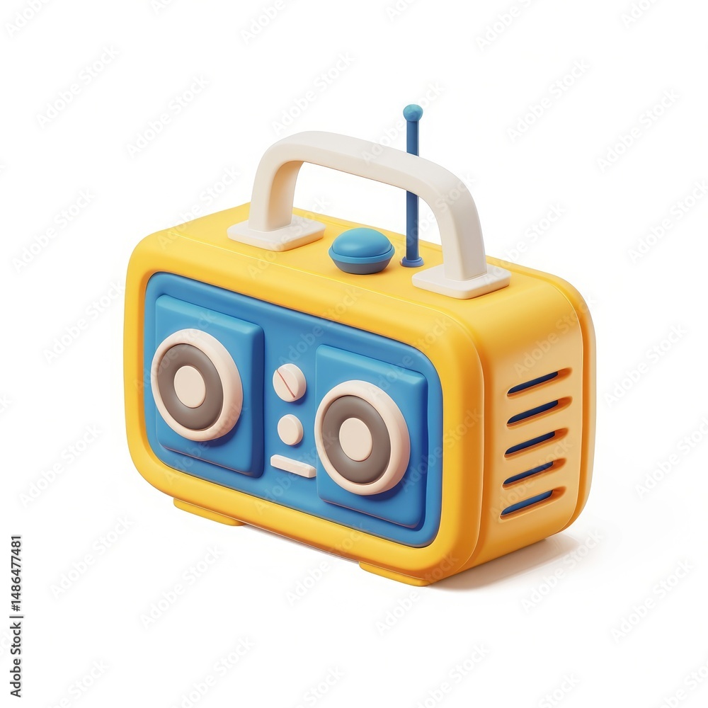 Poster three-dimensional rendering of a retro-styled portable radio.
