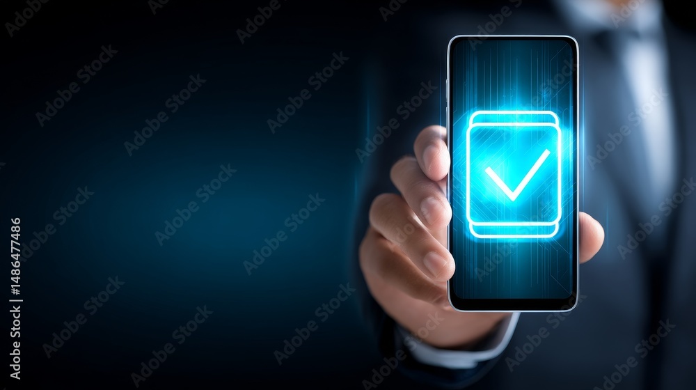 Poster mobile app security and verification - hand holding smartphone displaying a glowing checkmark symbol
