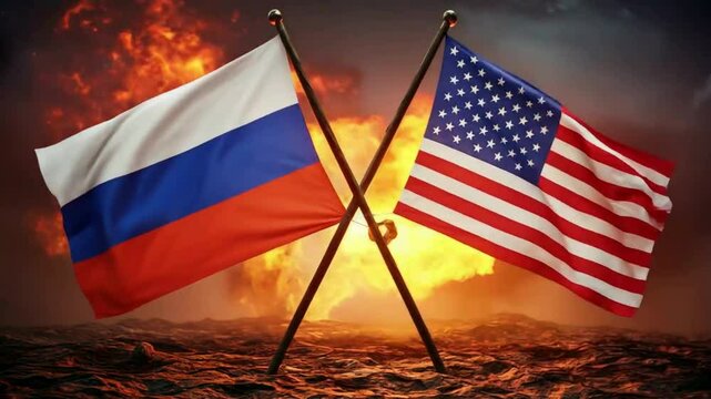 4k, America, USA vs Russia flag crossed with dramatic background.	
