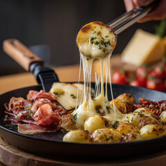French raclette with melting cheese being scraped over potatoes and charcuterie