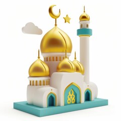 Stylized, 3D model of a mosque,  with gold domes and teal accents.