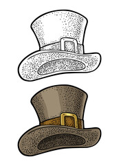 Top gentleman hat. Vector vintage engraving color illustration isolated on white background.
