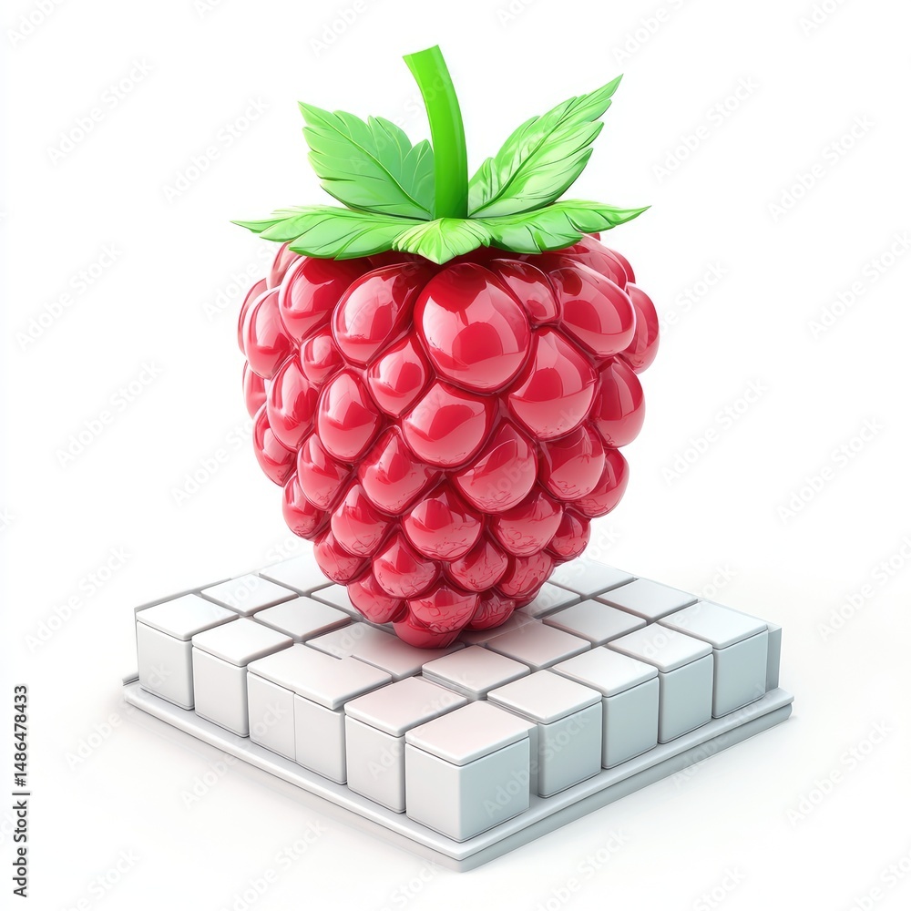 Poster 3d rendering of a raspberry on a white block base.