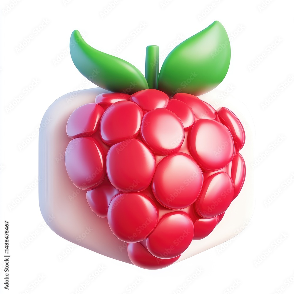 Poster 3d rendering of a raspberry fruit on a white cube.