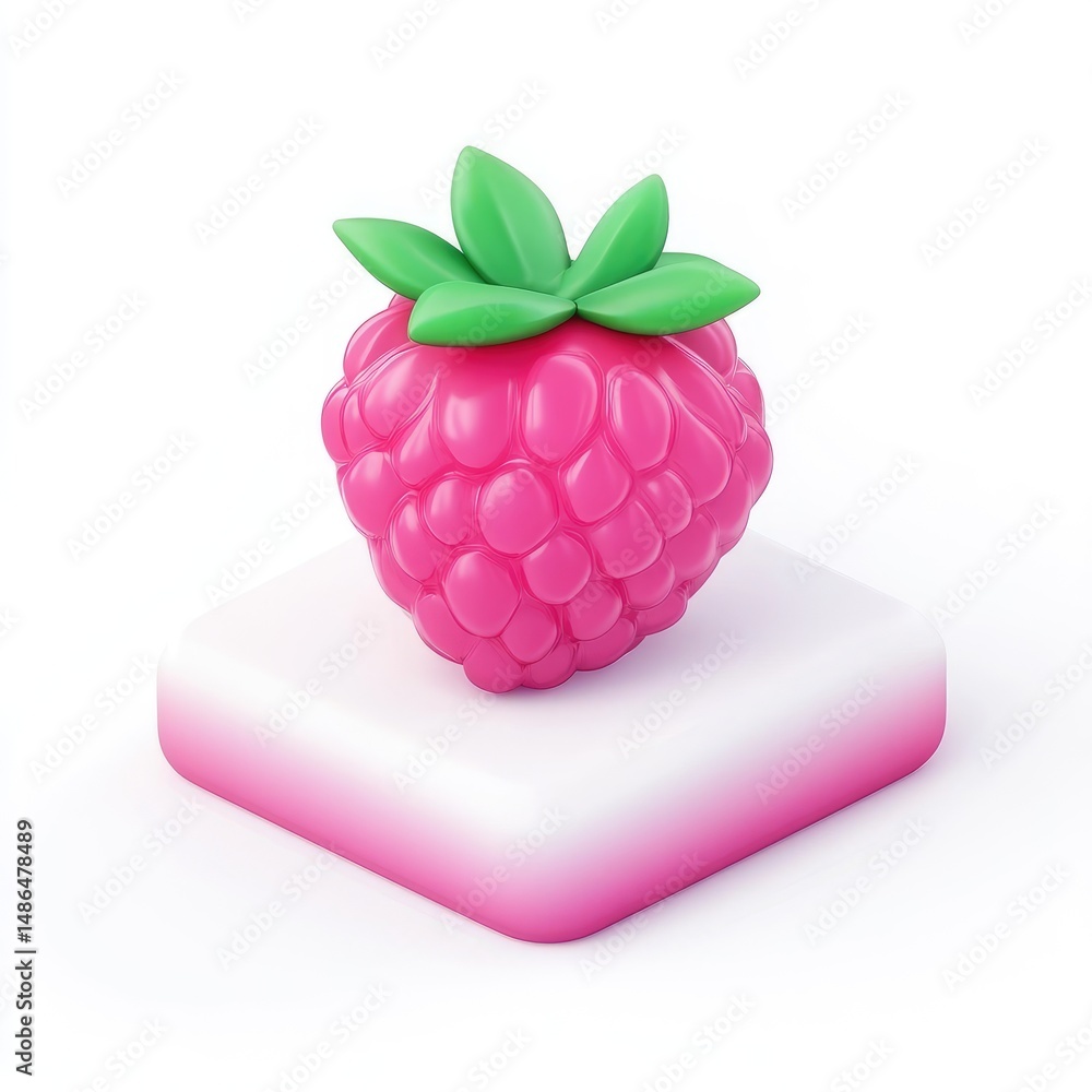 Poster three-dimensional rendering of a vibrant pink raspberry.