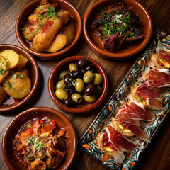 Spanish tapas including patatas bravas, olives, and jamón, arranged on small plates