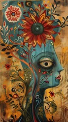 A person's profile is adorned with a large red flower, surrounded by colorful blooms, against a warm-toned background.