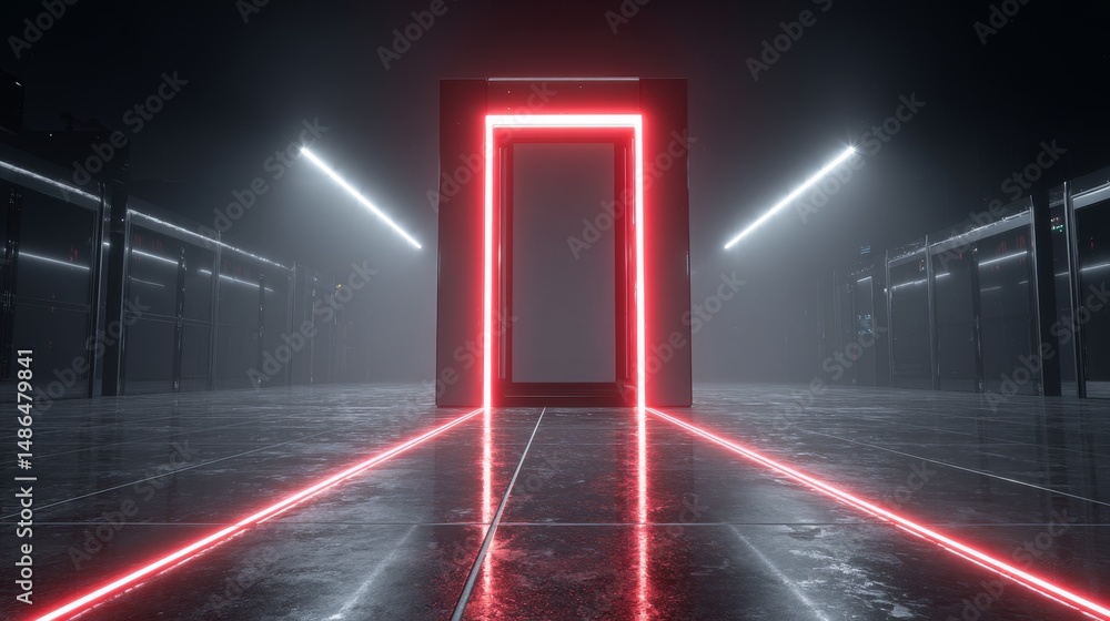 Poster neon gateway to server room - red neon lights illuminate a pathway leading to a server room door, cr