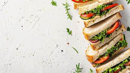 Neatly stacked sandwiches with lettuce, tomato, and cheese layers.
