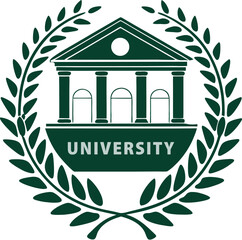 Green University Logo with Classical Building and Laurel Wreath