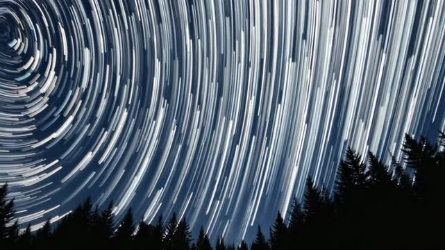 Time lapse of comet-shaped star trails over the forest in the night sky. Stars move around a polar star, vertical footage